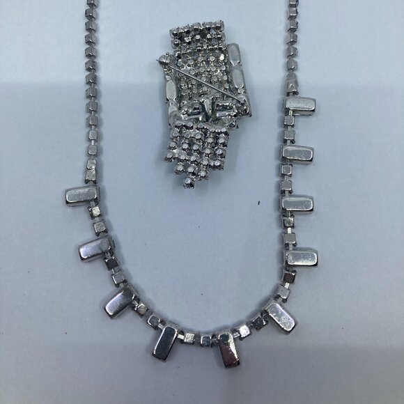 Vtg 1950 CONTINENTAL ? blue rhinestone crystal brooch necklace set - Picture 2 of 3